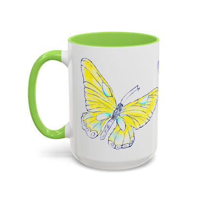 Butterfly Swing, Inside Green Colorful, Main Butterfly Yellow Mugs (11oz, 15oz)
