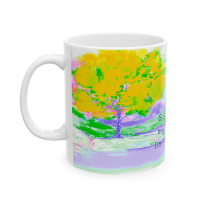Inspirational Landscapes Ceramic Mug in Yellow, Orange and Purple, "God appoints my work and limits my time",  11oz, 15oz.