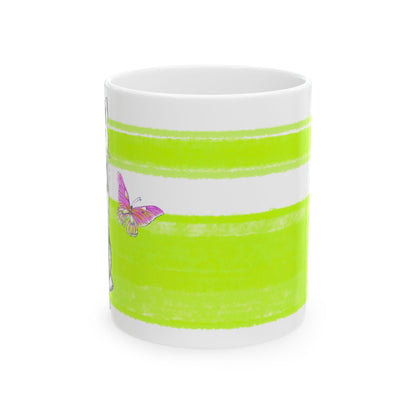 Mega Stripe Kitty Butterfly Flutter Ceramic Mug  Lime
