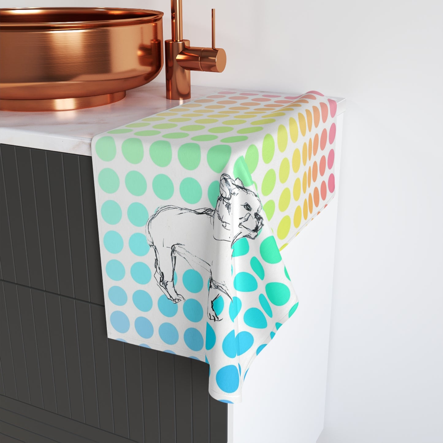 Dogi Fun Hand Towel, French Bulldog with Multi-Color Polka Dots