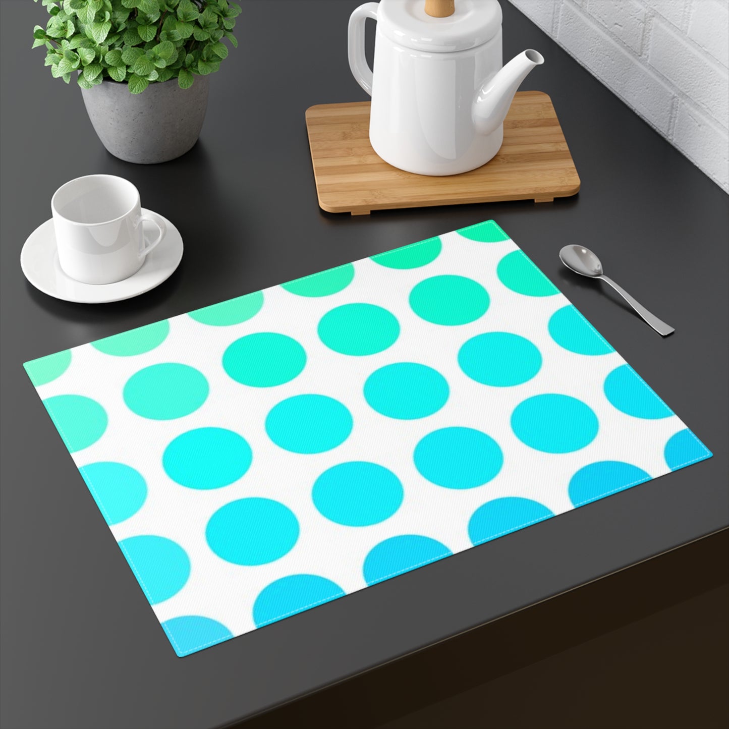 Polka Dot Joy Cotton Twill Placemat, Aqua/Blue, Creamy White Fabric Background