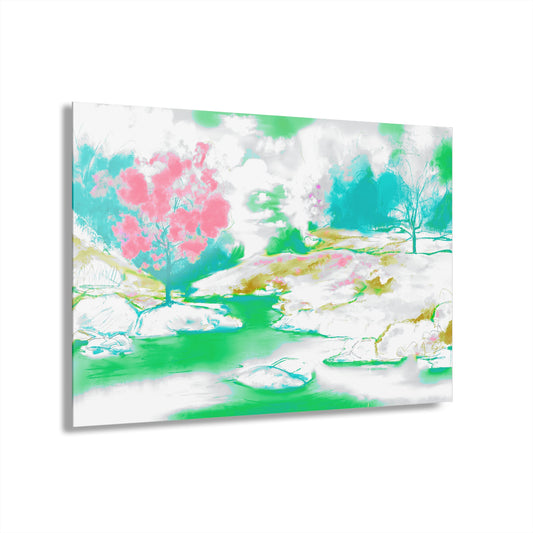 Joyful Landscapes Acrylic Print in Pink and Green (French Cleat Hanging)
