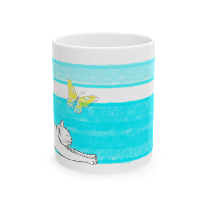 Mega Stripe Kitty Butterfly Flutter Ceramic Mug Aqua