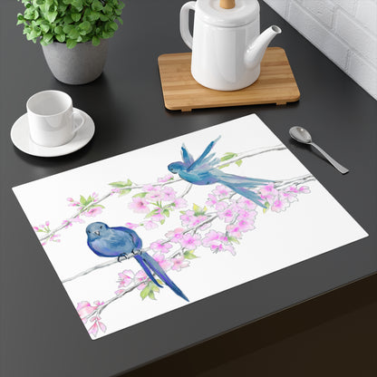 Blossoms & Birds In Blue Placemat, 1pc (18" × 14"). Cotton, Creamy White Background Fabric, #10 Left Side of Table