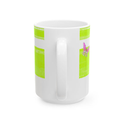 Mega Stripe Kitty Butterfly Flutter Ceramic Mug Lime
