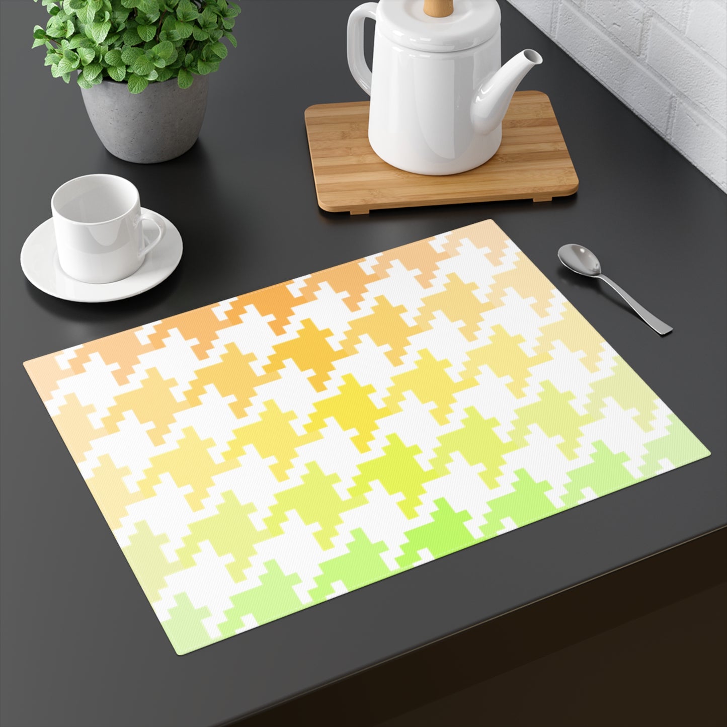 Houndstooth Fun , Cotton Twill Placemat, Orange/Yellow, Creamy White Fabric Background