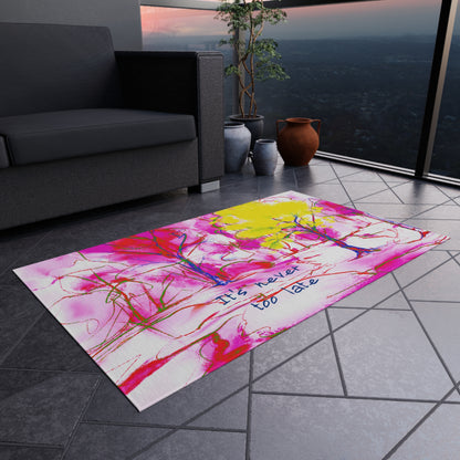 Inspirational Landscapes Indoor/Outdoor Rug, "It's never too late", Red, Pink, and Yellow Non-Slip