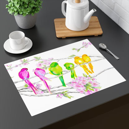 Blossoms & Birds In Raspberry, Green & Yellow Placemat, 1pc (18" × 14"), Cotton, Creamy White Background, #4 Right  Side of Table