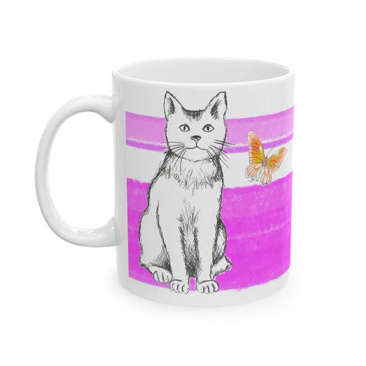 Mega Stripe Kitty Butterfly Flutter Ceramic Mug Purplish Pink