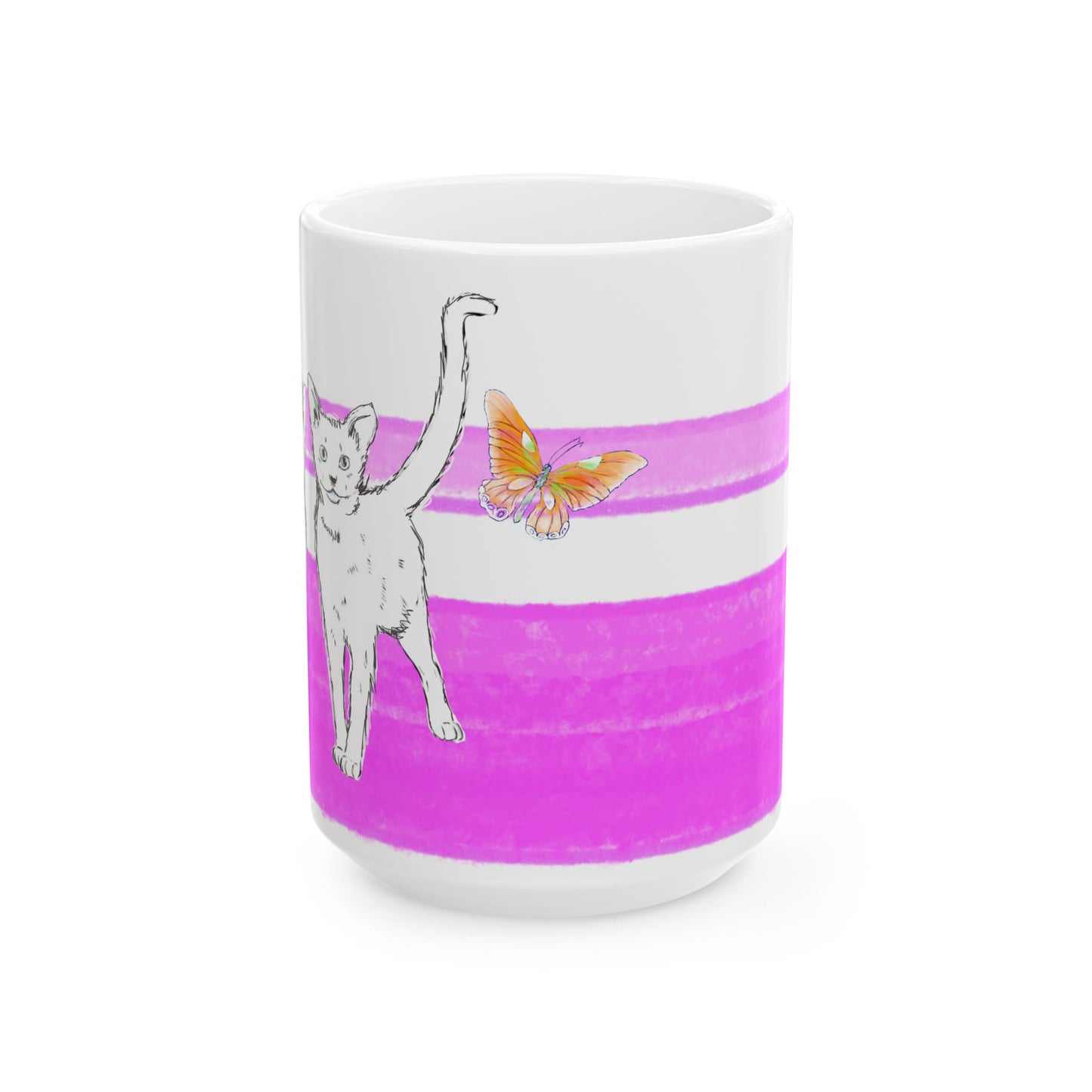 Mega Stripe Kitty Butterfly Flutter Ceramic Mug Purplish Pink
