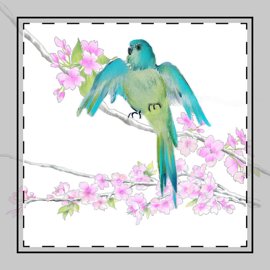 Blossoms & Birds in Blue-Green Poly Twill Napkin, Background Color Bright White