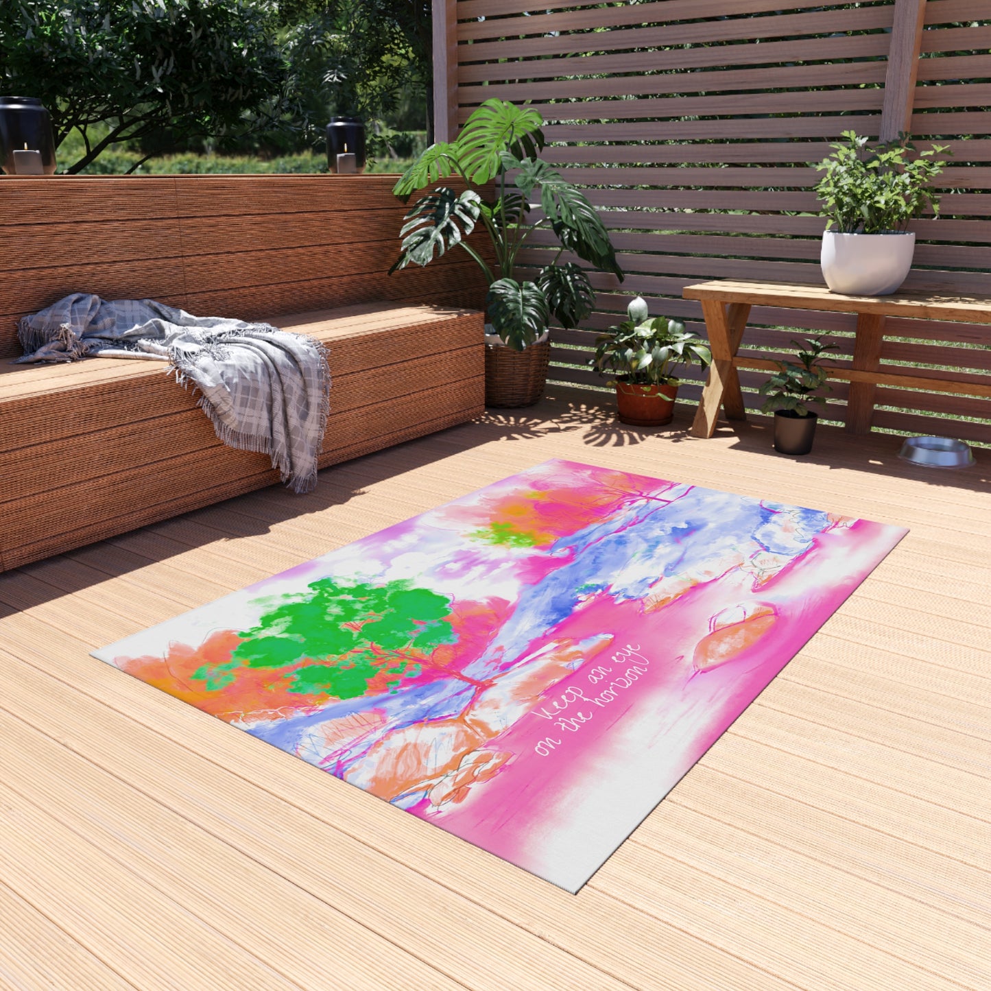 Inspirational Landscapes Indoor/Outdoor Area Rug, "Keep an eye on the horizon", Raspberry, Blue, and Green Non-slip