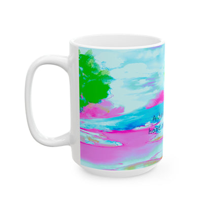 Inspirational Landscapes Ceramic Mug in Yellow, Green, and Blue, "A heart in God's hand need not sigh", 11oz, 15oz.