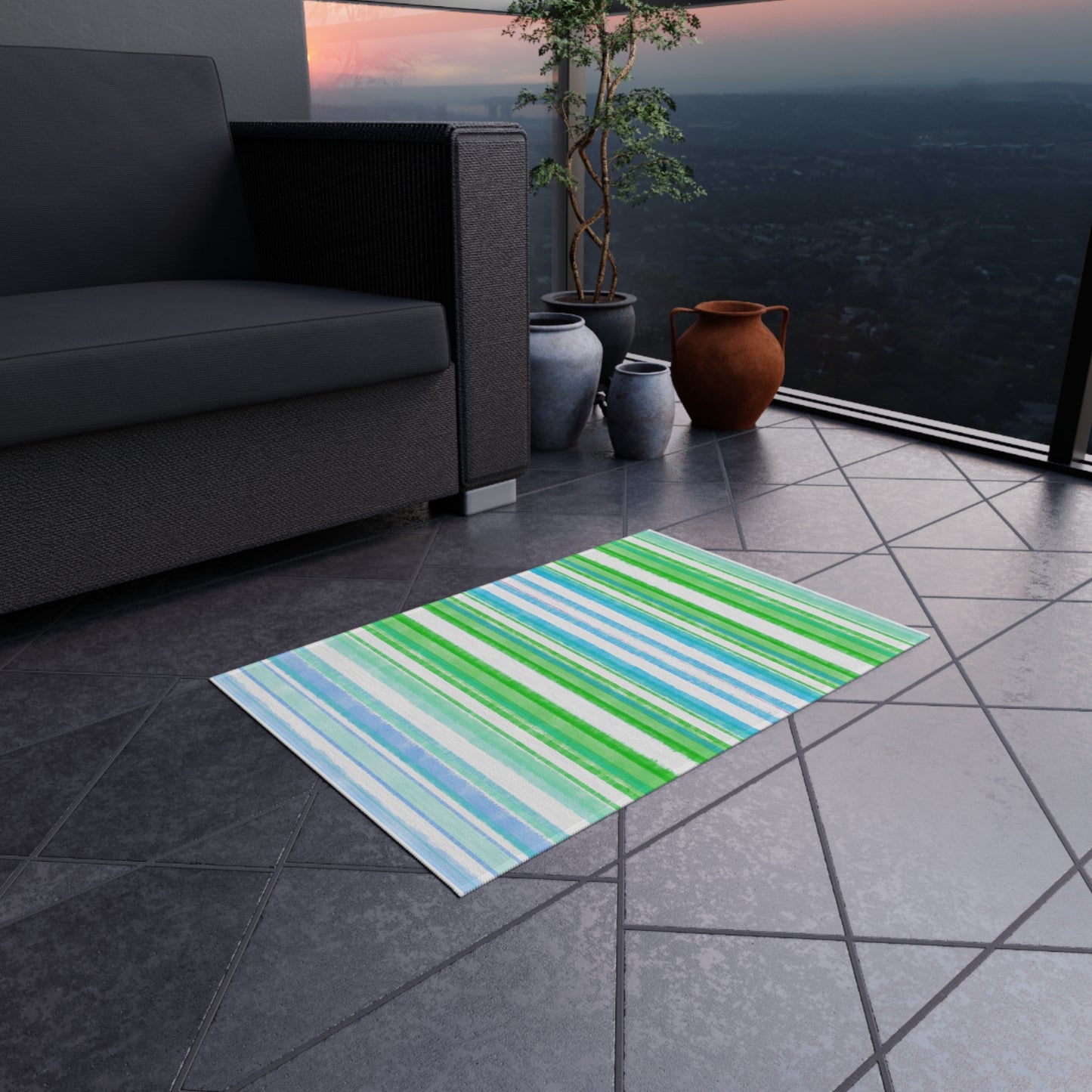 Indoor/Outdoor Rug Watercolor Stripes Blue & Green