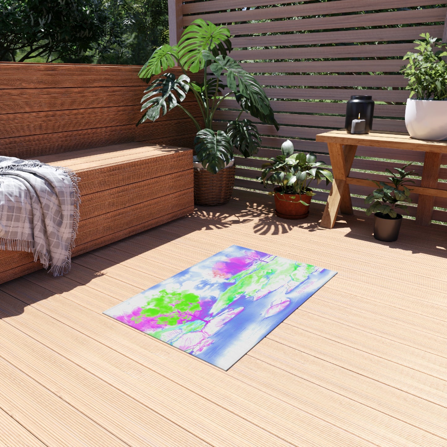 Inspirational Landscapes Indoor/Outdoor Area Rug, "Joy tames Pain"  Blue, Aqua, and Lilac Non-slip
