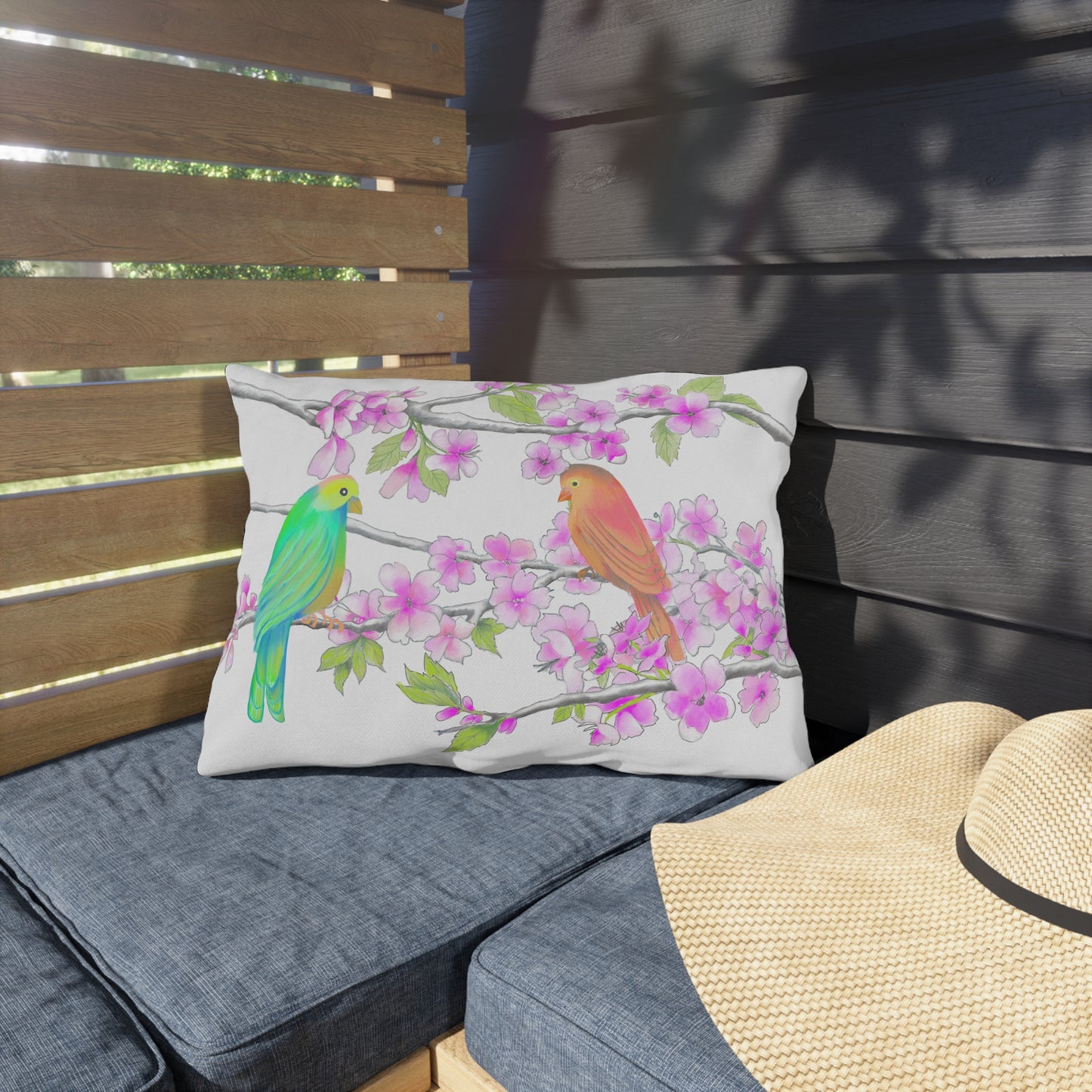 Outdoor Pillows Lumbar Birdies and Cherry Blossoms