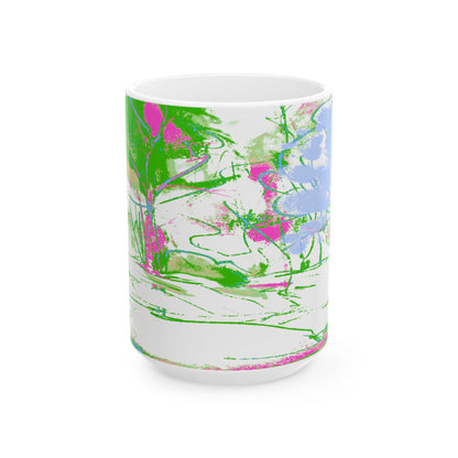 Joyful Landscapes Ceramic Mug in Green and Lavender, 11oz, 15oz.