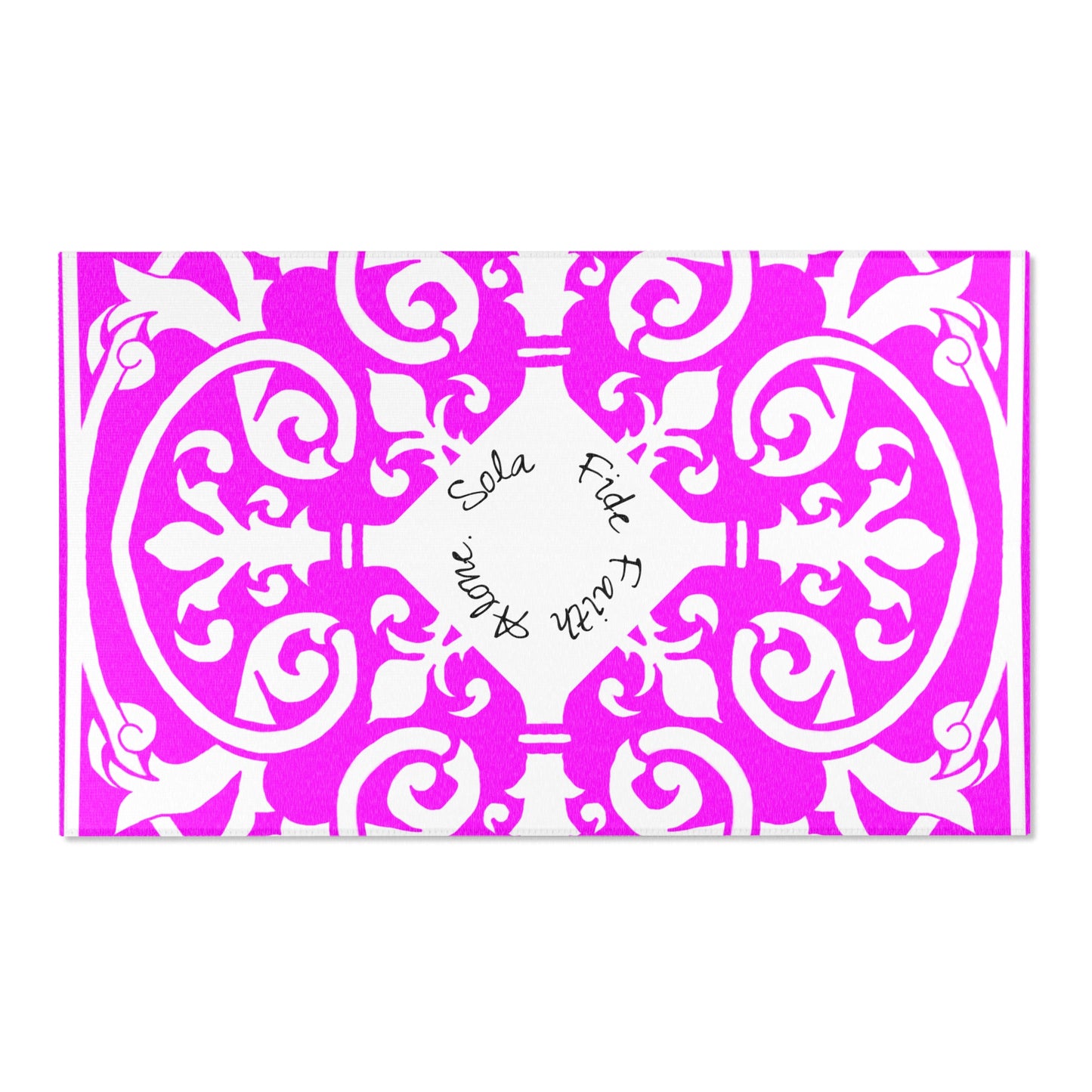 Scrollwork Indoor/Outdoor Rug Raspberry "Sola Fide..."