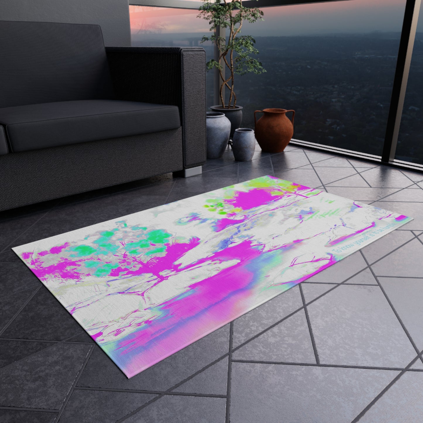 Inspirational Landscapes Indoor/Outdoor Area Rug "To know yourself is to be humble", Green, Aqua, and Lilac