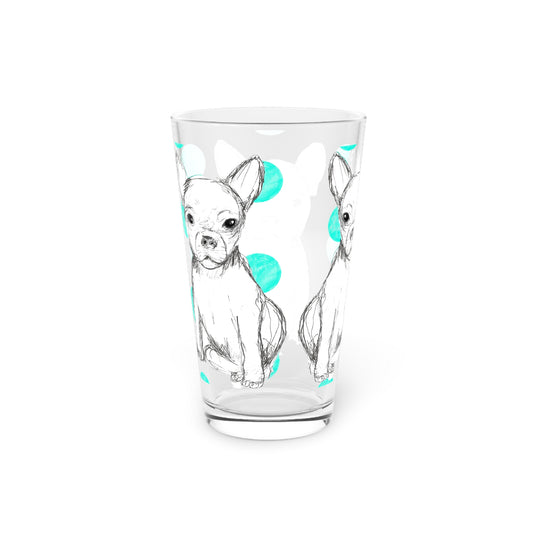 Dogi Fun and Polka Dots Pint Glass in Aqua, Chihuahua, 16oz