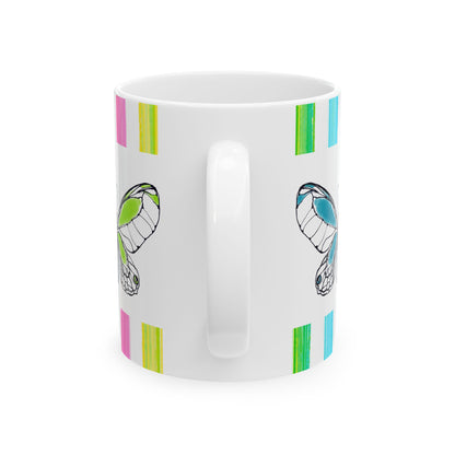 Butterfly Rainbow Stripe Ceramic Mug in Aqua, Purple and Green with Multi-color Striped Border, (Available in 2 sizes 11oz and 15oz)