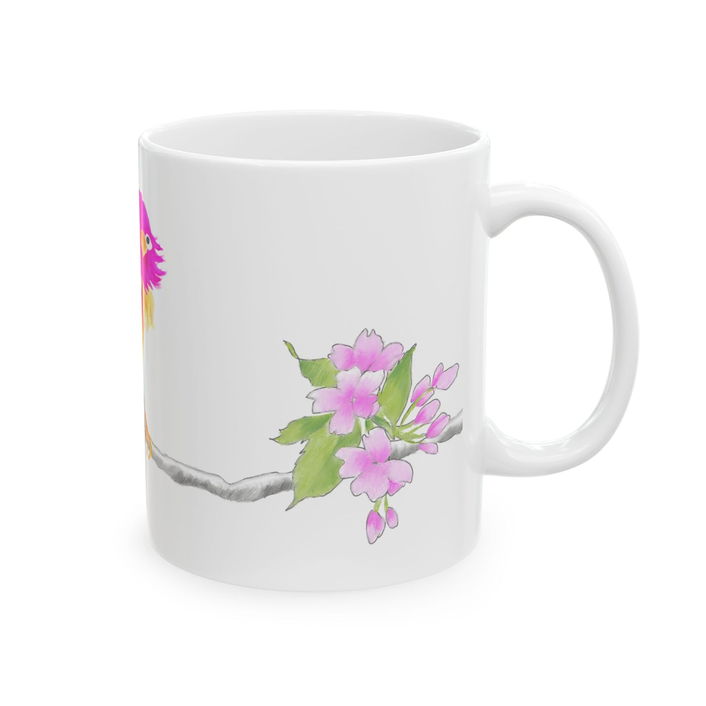 Jolly Birds Ceramic Mug, (11oz, 15oz), fuchsia and Yellow