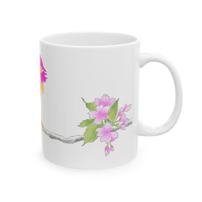 Jolly Birds Ceramic Mug, (11oz, 15oz), fuchsia and Yellow