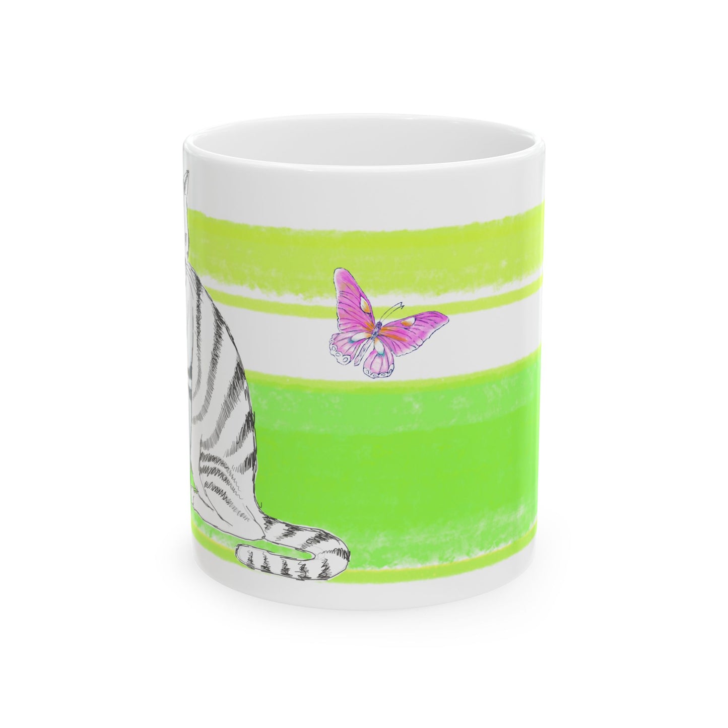 Mega Stripe Kitty Butterfly Flutter Ceramic Mug Yellow Green