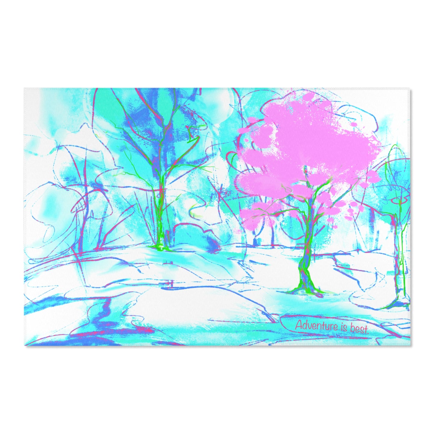 Inspirational Landscapes Indoor/Outdoor Area Rug, "Adventure Is Best",  Blue, Aqua, and Lilac