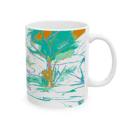 Inspirational Landscapes Ceramic Mug in Blue-Green and Lilac,"God presides, provides, and protects",  11oz