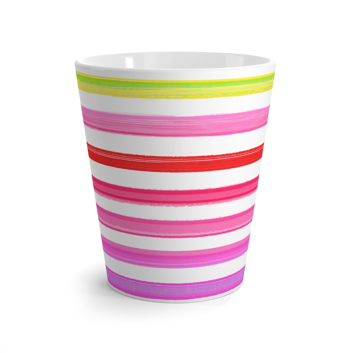 Rainbow Stripes Horizontal Latte Mug Yellow, Pinks. Red
