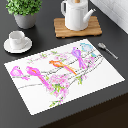 Blossoms & Birds In Pink, Orange, Purple, and Blue Placemat, 1pc (18" × 14"), Cotton, Creamy White Background,#6 End of Table