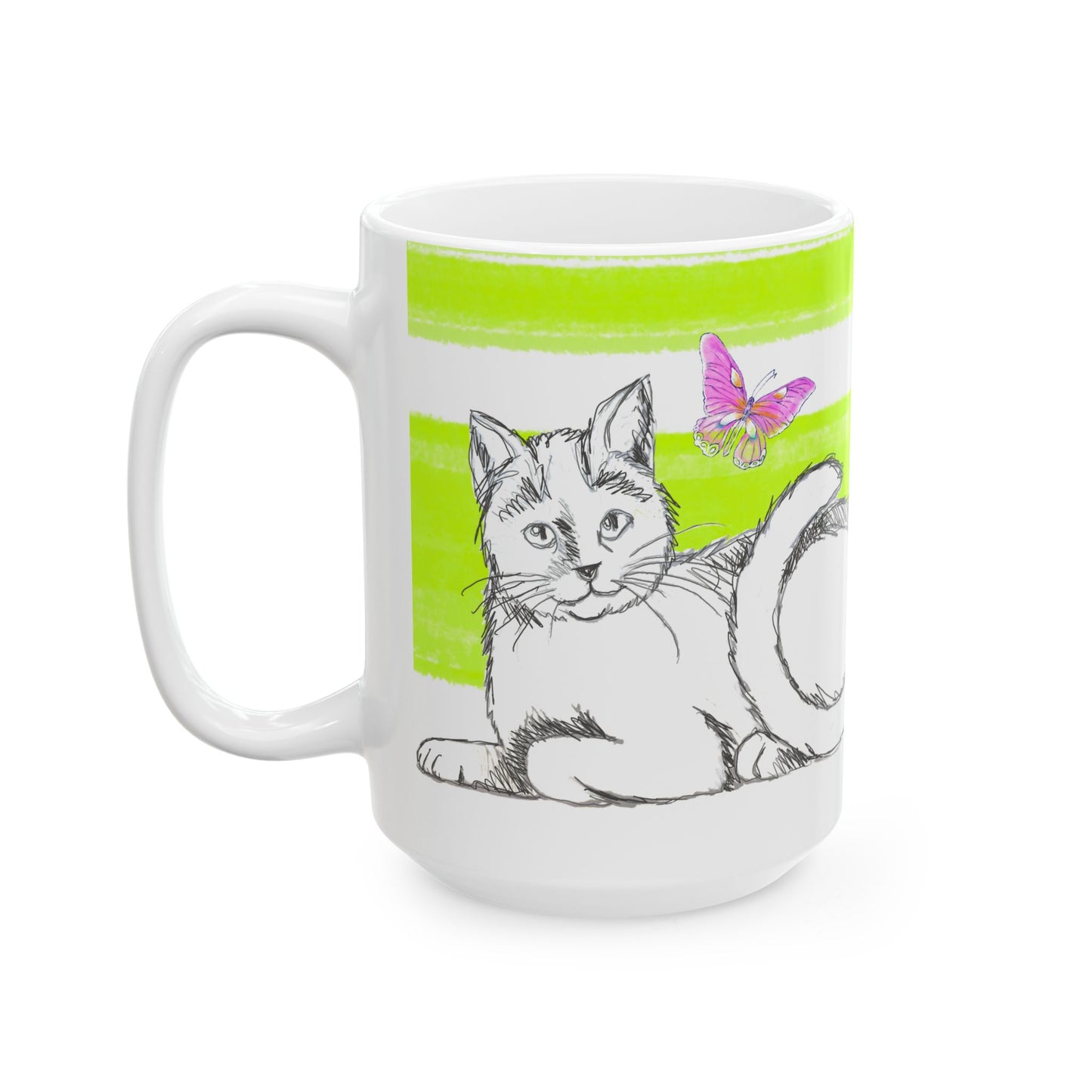 Mega Stripe Kitty Butterfly Flutter Ceramic Mug Lime