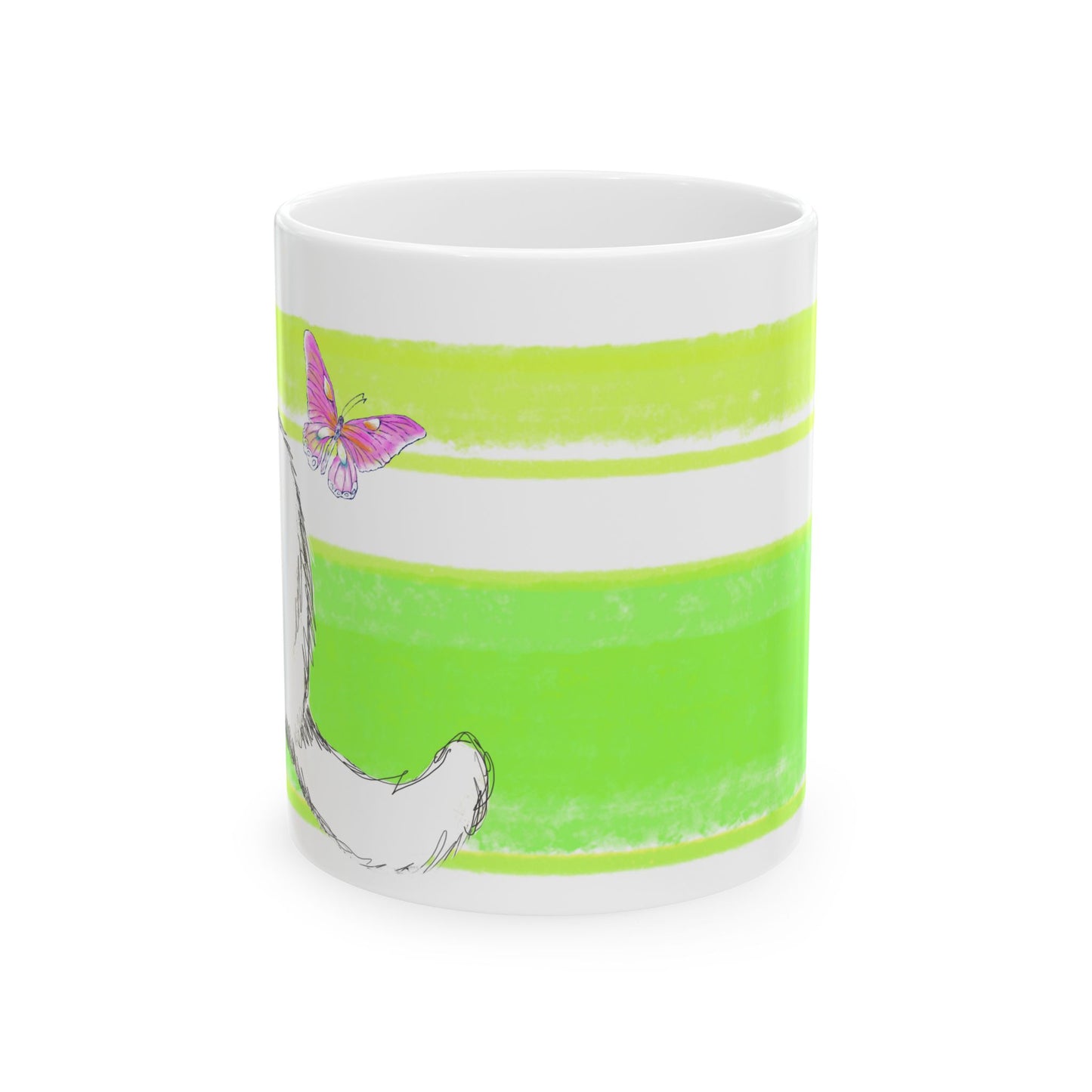 Mega Stripe Kitty Butterfly Flutter Ceramic Mug Yellow Green