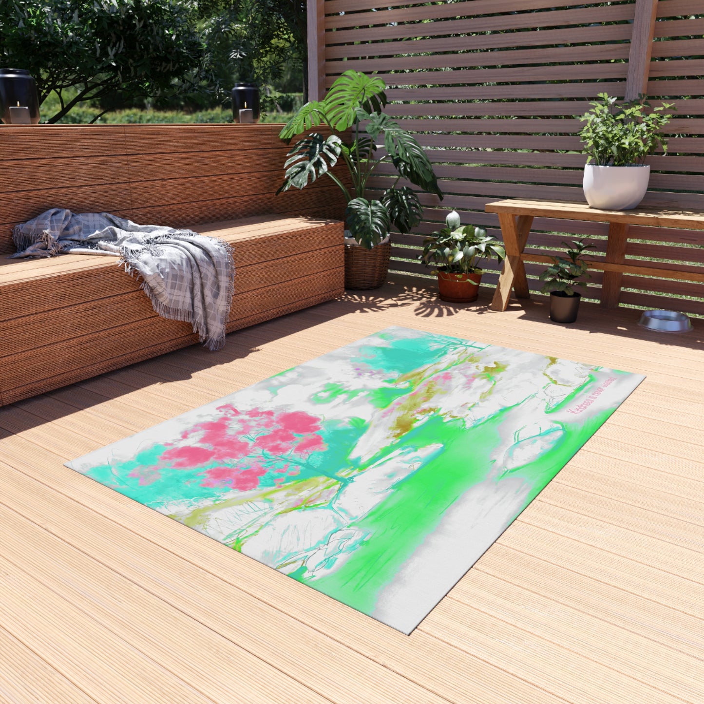 Inspirational Landscapes "Kindness is never wasted"  Indoor/Outdoor Area Rug in Lime, Aqua, and Raspberry (36" x 24")