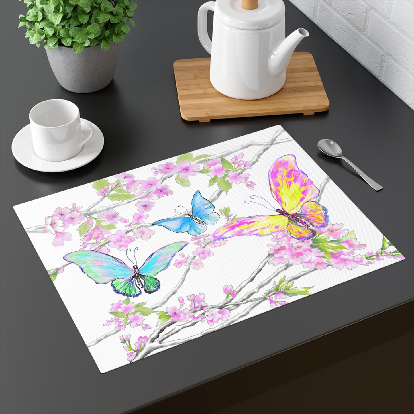 Butterfly Blossom Whirl Cotton Placemat, 1pc Yellow , Background Creamier White,#3