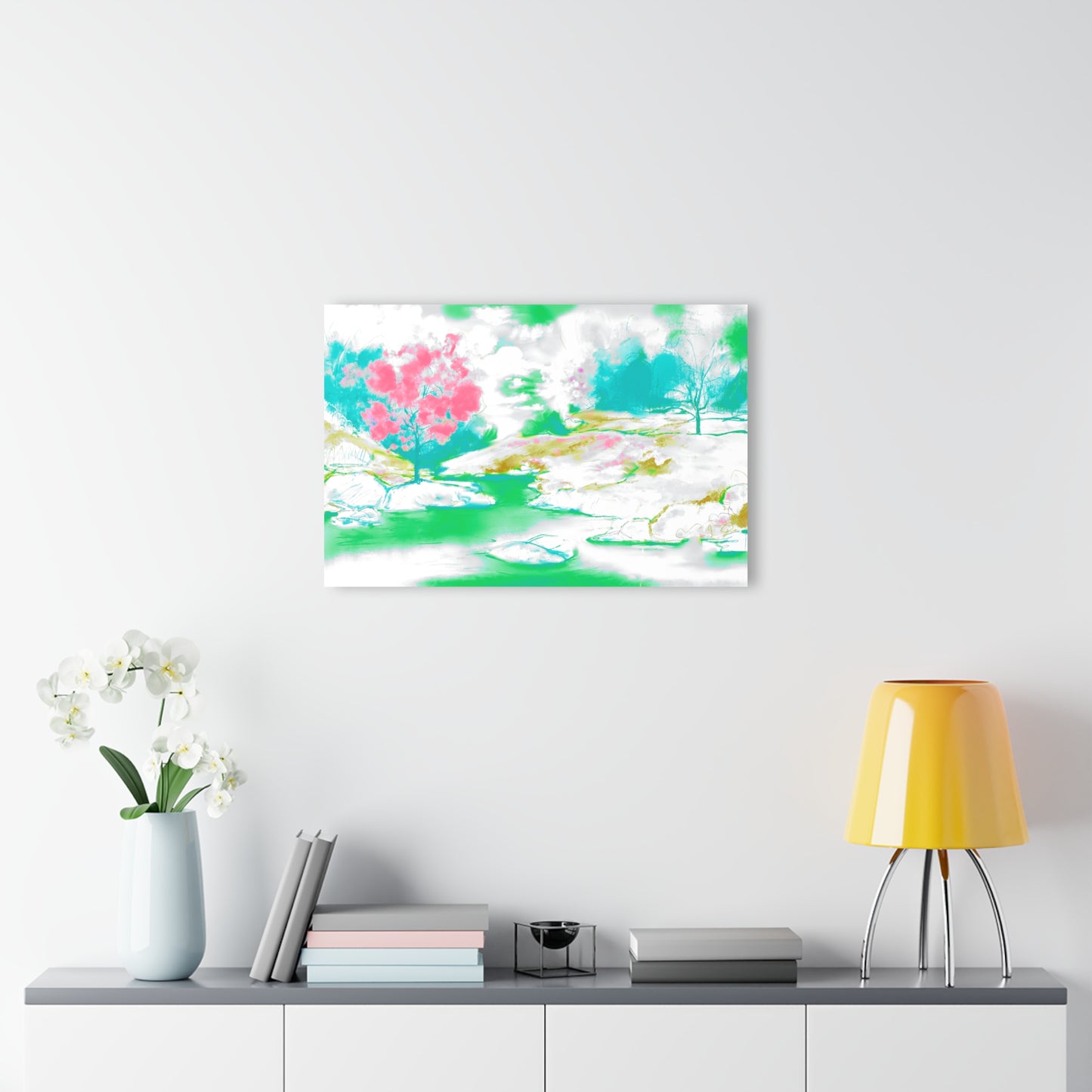 Joyful Landscapes Acrylic Print in Pink and Green (French Cleat Hanging)