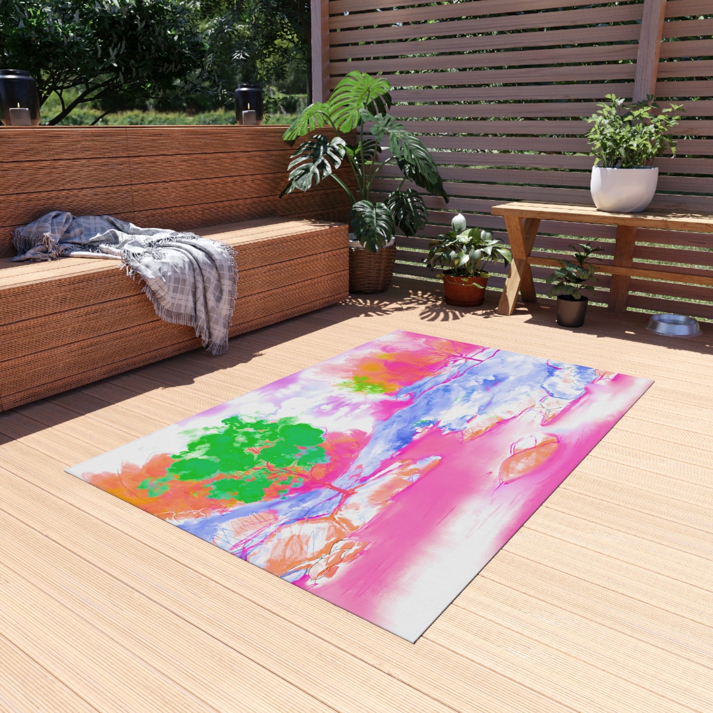 Joyful Landscapes Indoor/Outdoor Rug, Raspberry Pink and Green