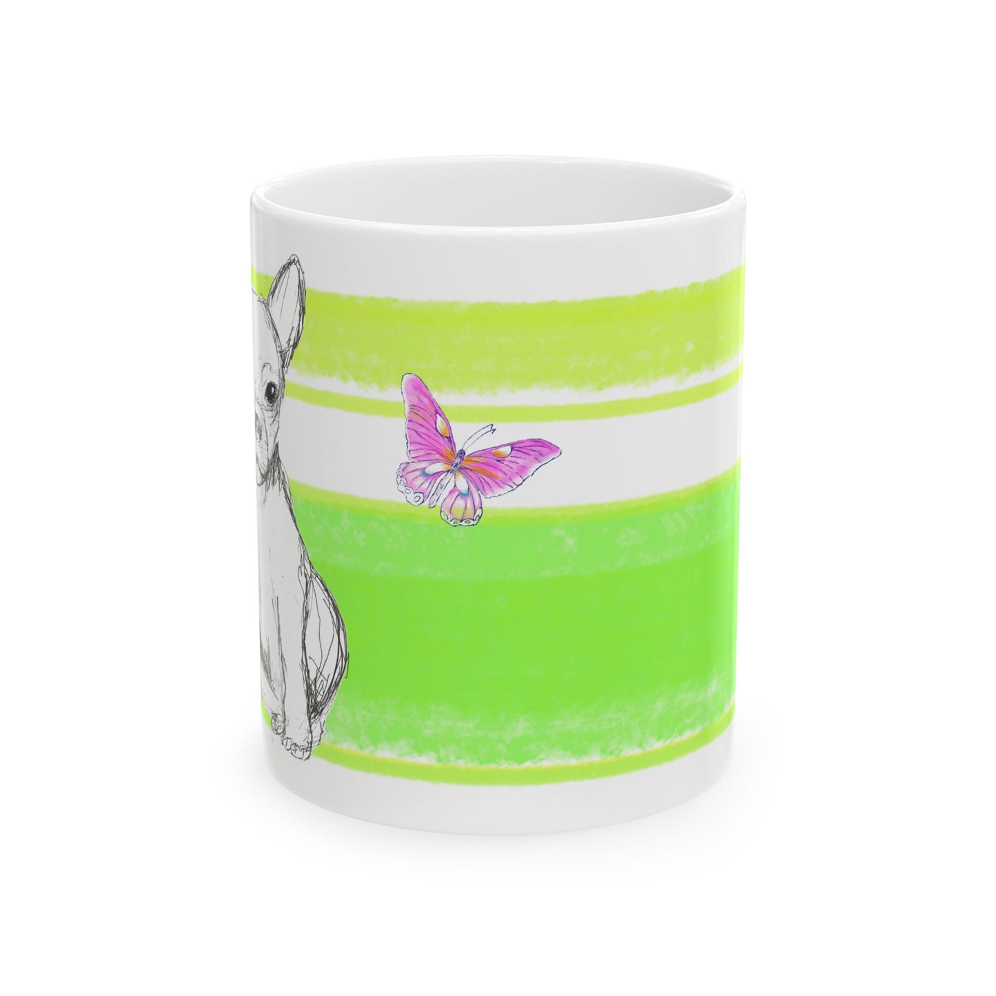Mega Stripe Dogi Butterfly Flutter Ceramic Mug, (11oz, 15oz) Yellow Green Chihuahua