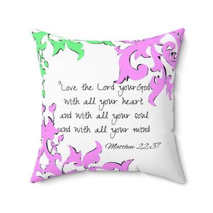 Scrollwork Polyester Square Pillow "Love the Lord..."