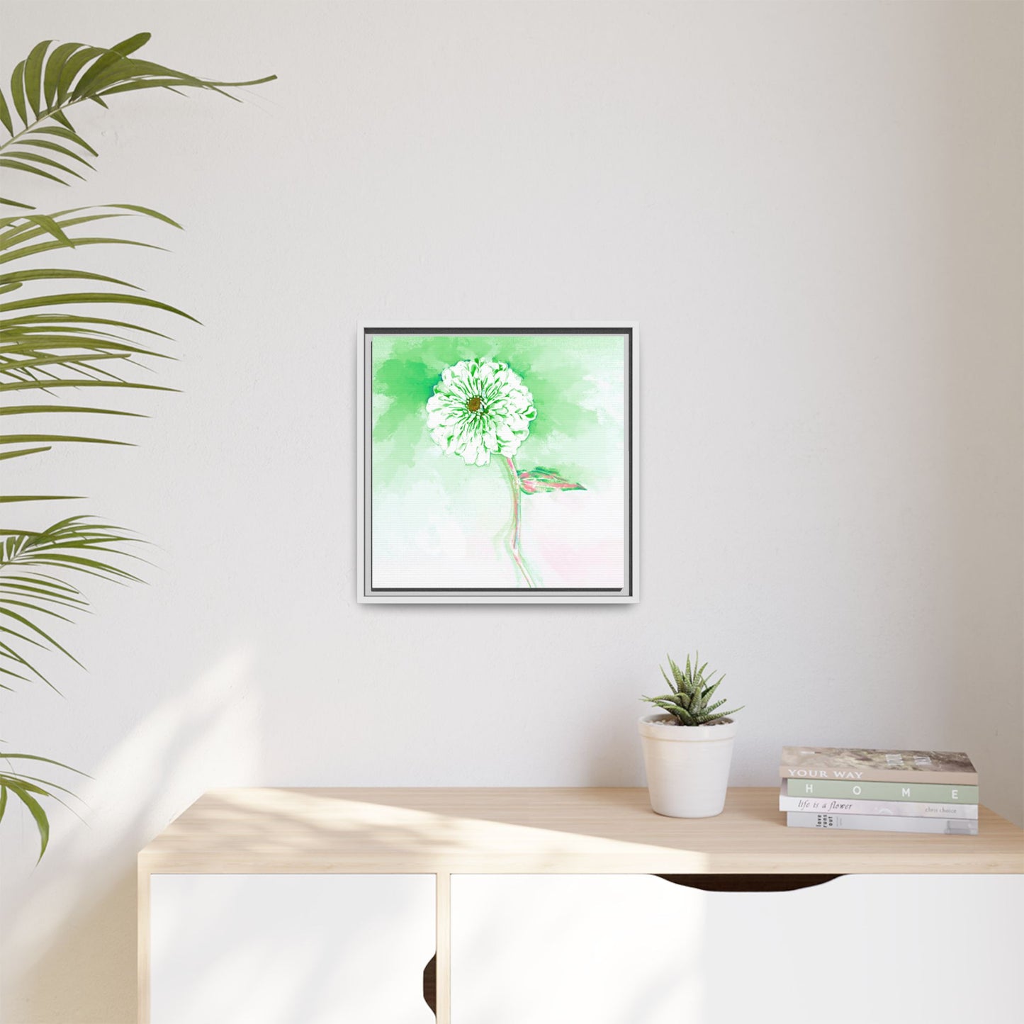 Zinnia Color Splash Matte Canvas Soft Green Framed
