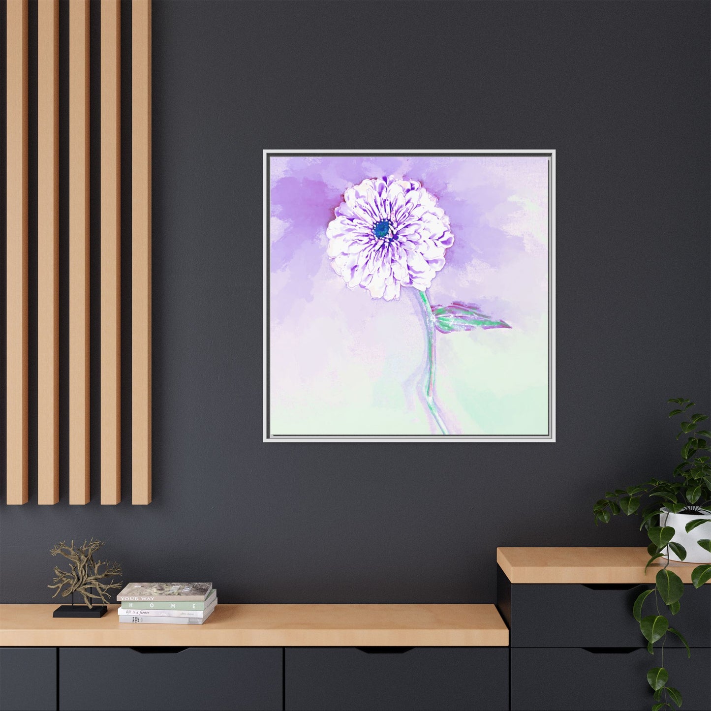 Zinnia Color Splash Matte Canvas Light Purple Framed