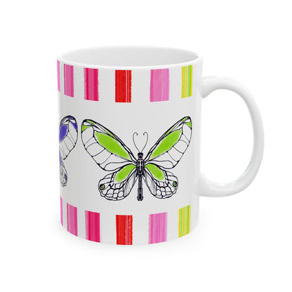 Butterfly Rainbow Stripe Ceramic Mug in Aqua, Purple and Green with Multi-color Striped Border, (Available in 2 sizes 11oz and 15oz)
