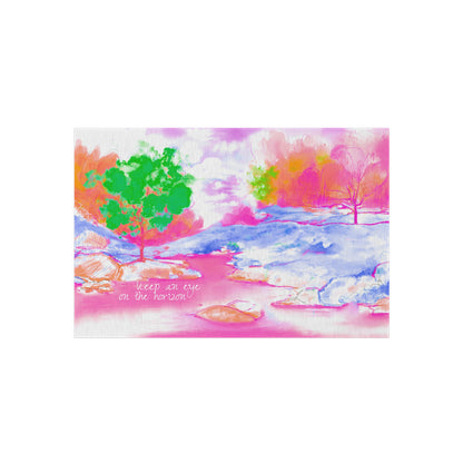 Inspirational Landscapes Indoor/Outdoor Area Rug, "Keep an eye on the horizon", Raspberry, Blue, and Green Non-slip