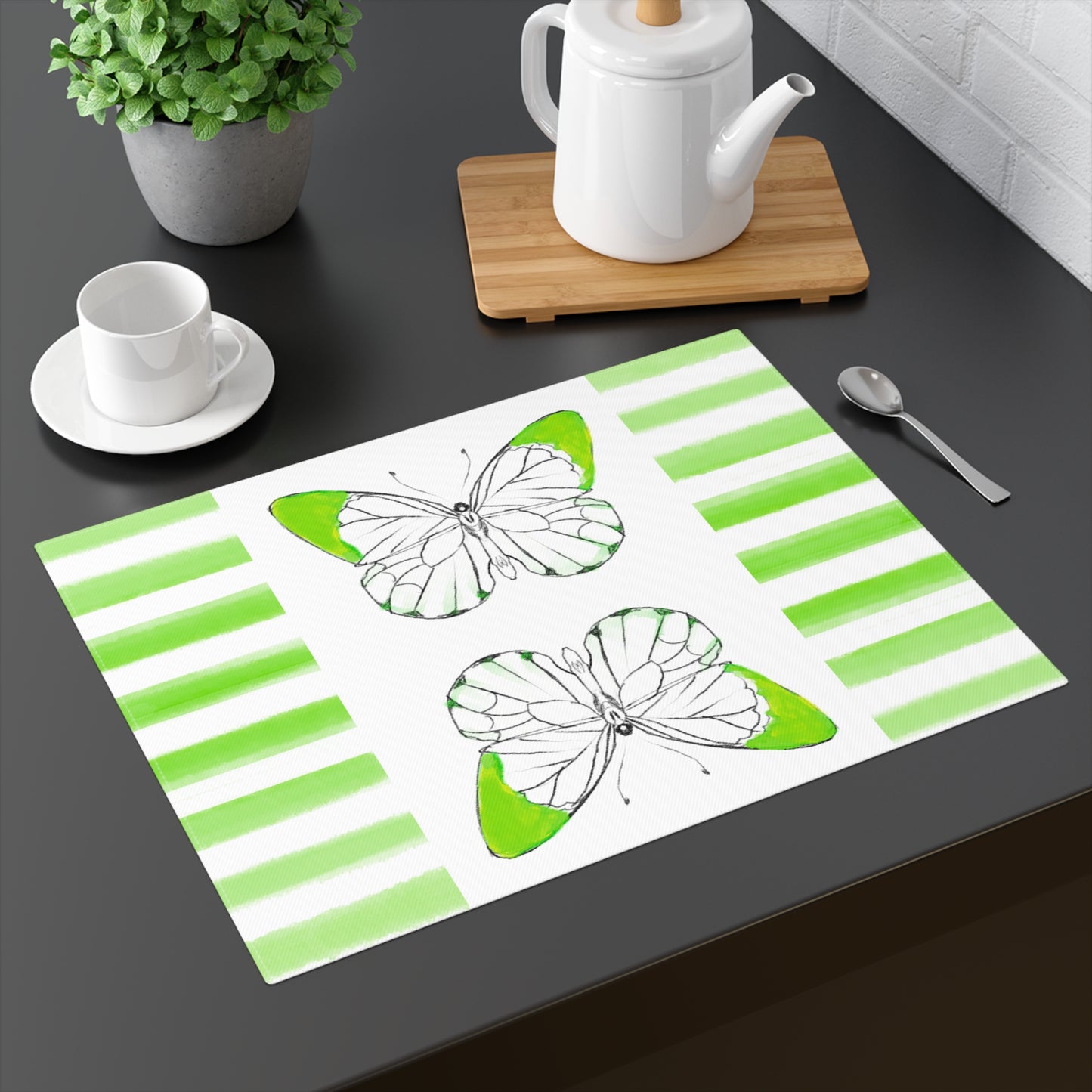Butterfly Chroma Stripes Cotton Twill Placemat, Yellow/Green, (Fabric Background Creamy White )