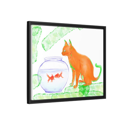 Colorful Cat and Fish Bowl Matte Canvas Framed white