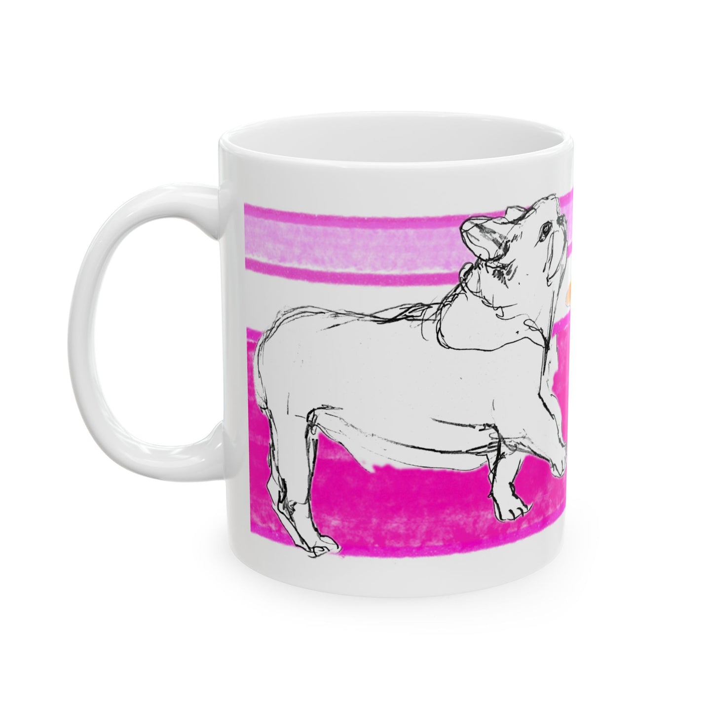 Mega Stripe Dogi Butterfly Flutter Ceramic Mug, (11oz, 15oz),  Raspberry Pink Bulldog
