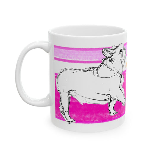 Mega Stripe Dogi Butterfly Flutter Ceramic Mug, (11oz, 15oz),  Raspberry Pink Bulldog