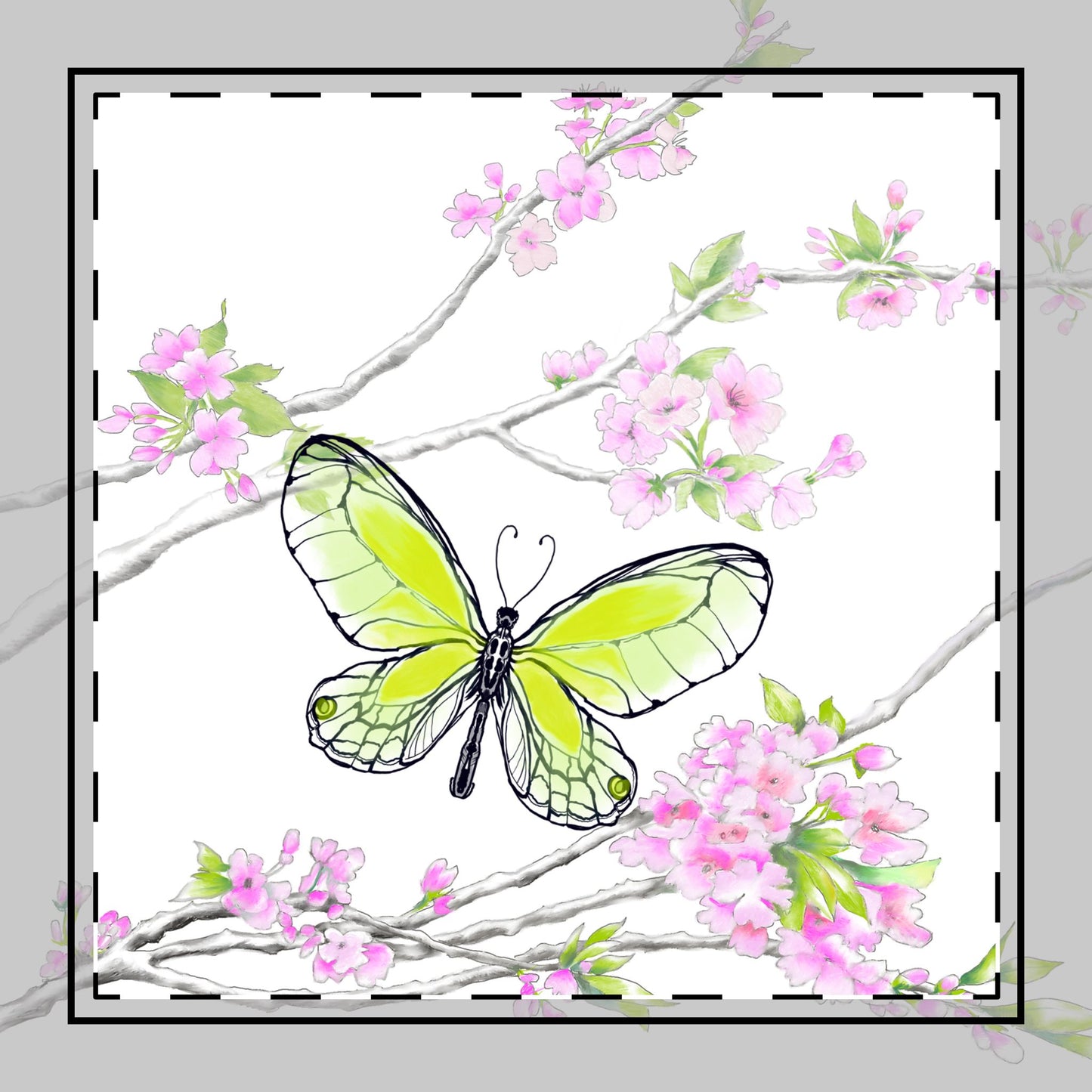 Butterfly Blossom Romp Cotton Twill Napkin , Yellow Green, Fabric Background Creamy White, #6