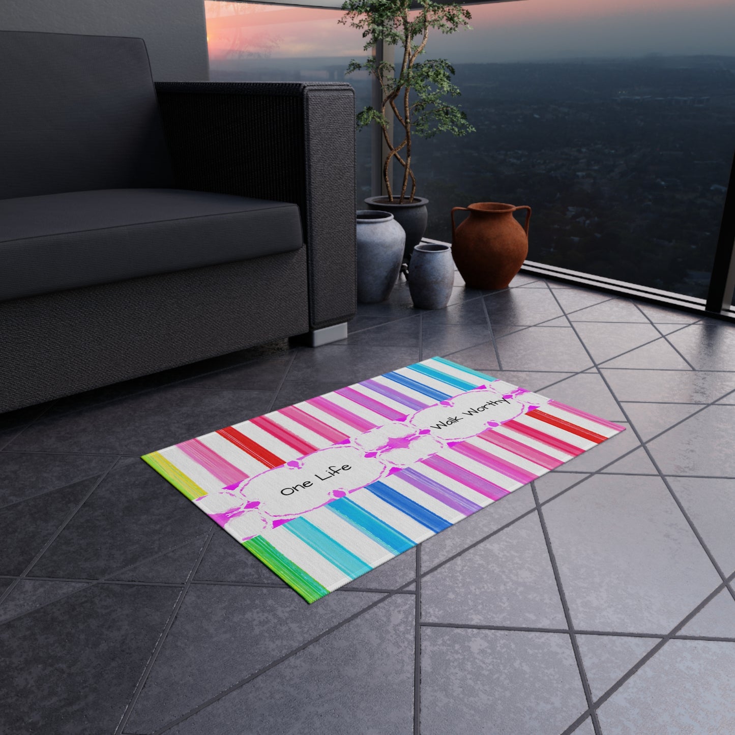 Watercolor Stripes Indoor/Outdoor Rug "One life, walk worthy"